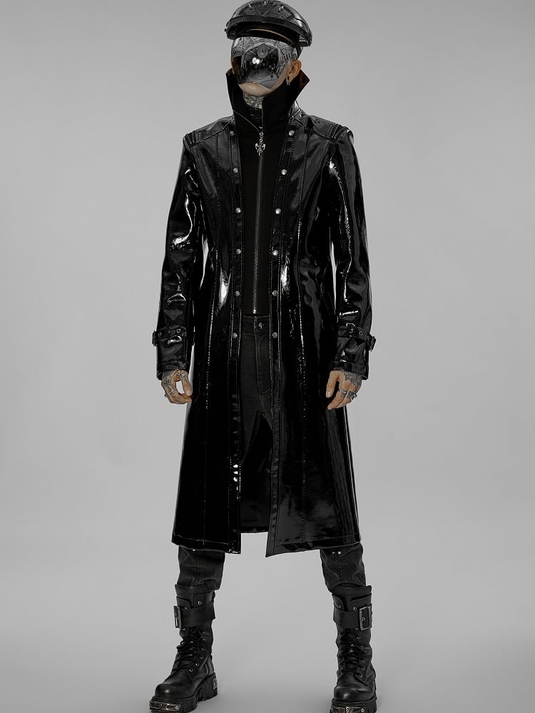 Black Men's Gothic Patent Leather Long Coat