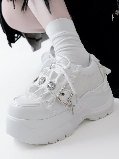 Lacing Crystal Kei Heart Back Jirai Shoes - Platform White