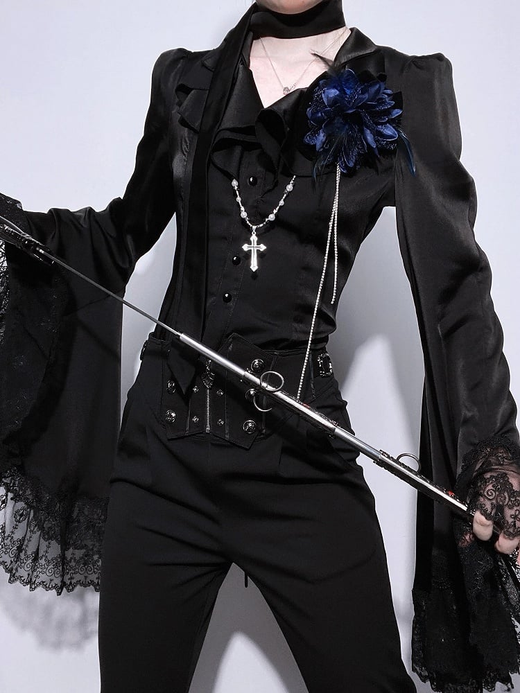 Sleeves Split-tail Shirt Lolita With Bell Black Ouji Gothic Lace Trim And