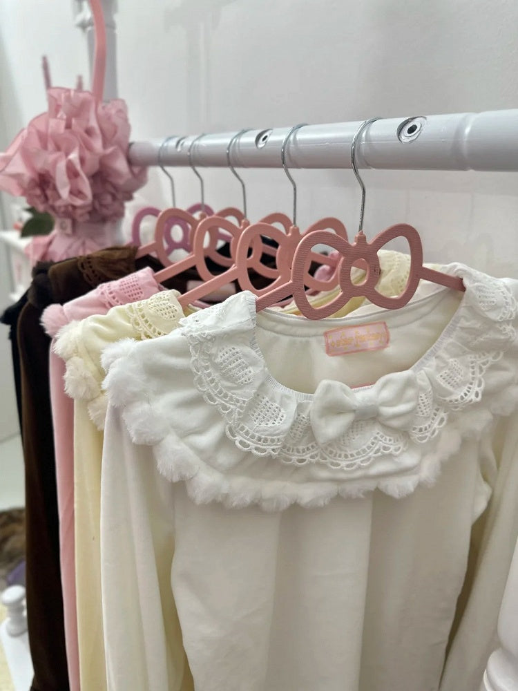 White Cuffs Top Details Lolita Bow and Plush with Long-Sleeve