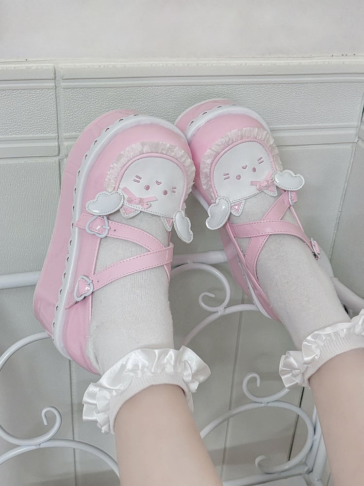 Yume Kawaii Pink Round Toe Kitty Angel Heart Buckle Platform Lolita Shoes