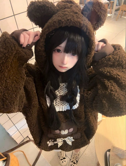 Brown Plush Fleece Hoodie with Bib Design