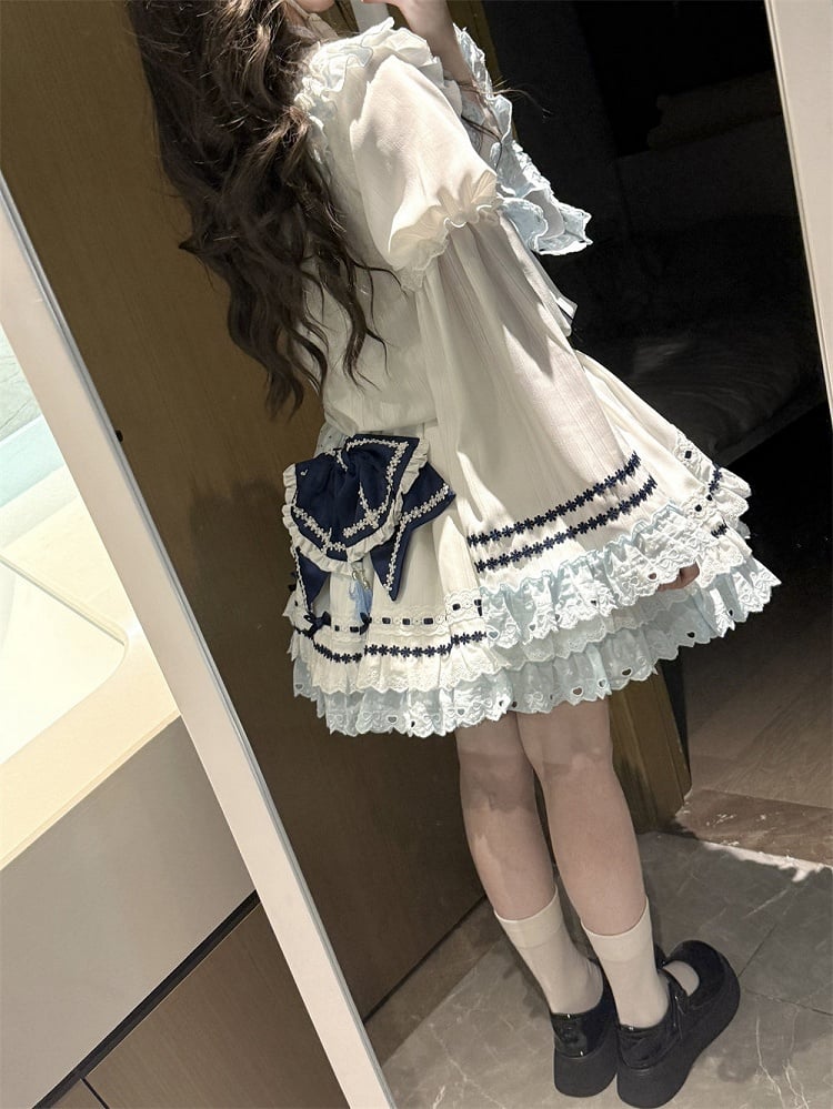 and White Banded Lolita Han Accents Blue Flower Collar Bow Dress with Puff Sleeves