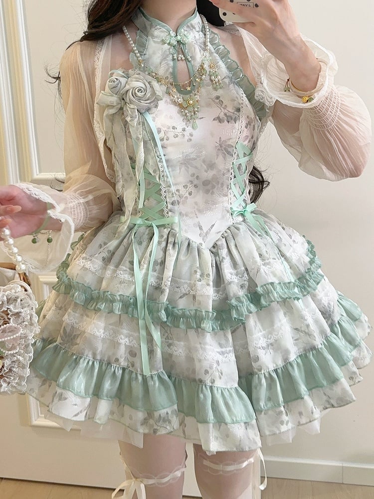 Lolita with Gentle Floral Green Halter Neck Dress Details Pattern Button Qipao-Style Lace