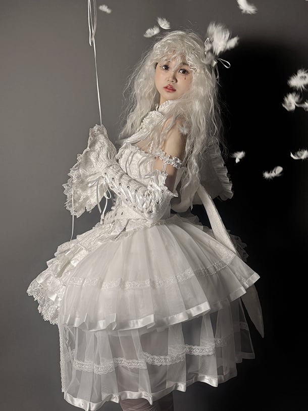 White Ruffles Gothic Strappy Lolita Skirt Tiered Heart Buckle