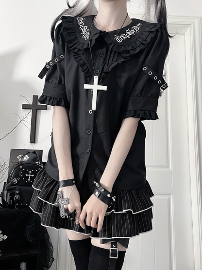 Collar Black Short Pan Buckle Gothic Blousewith StrapsRuffled Sleeve Peter