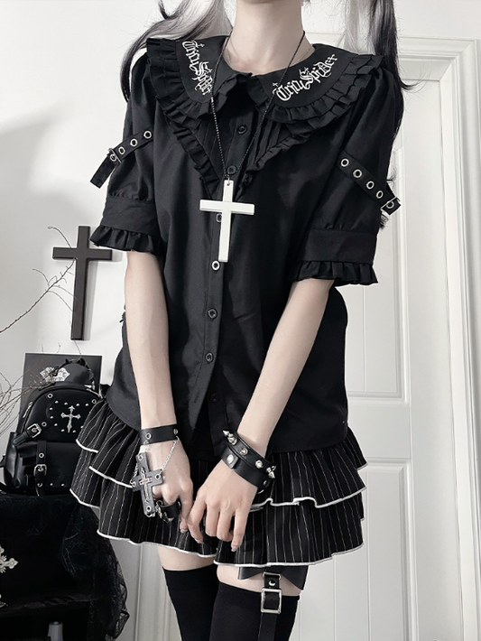 Collar Black Short Pan Buckle Gothic Blousewith StrapsRuffled Sleeve Peter