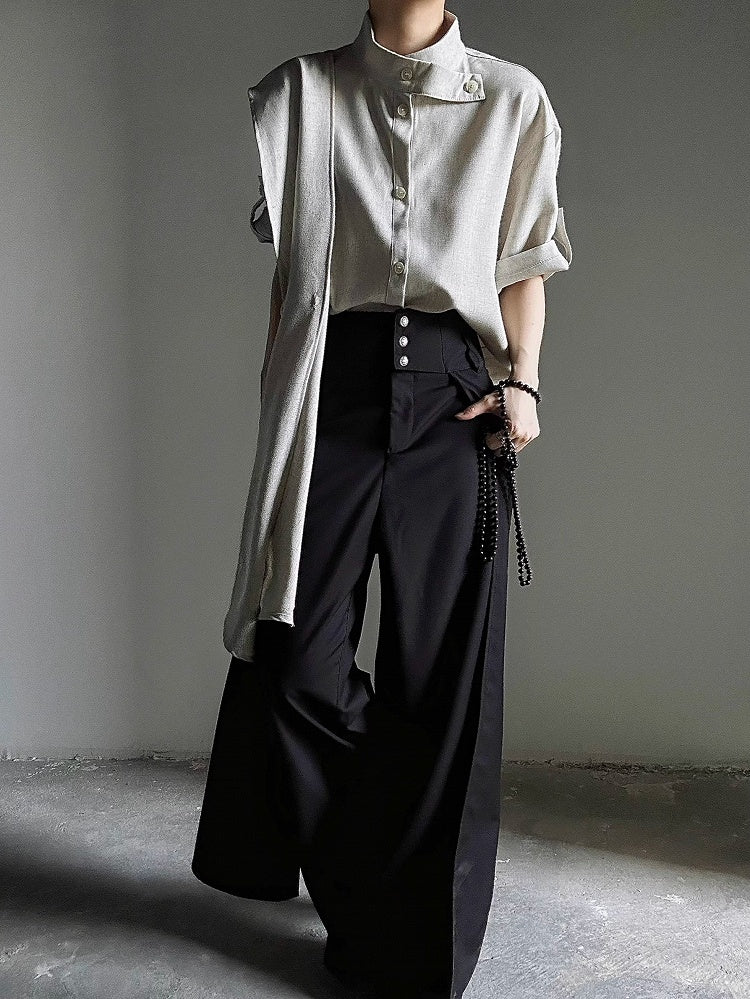 Short Shirt Unisex Collar Extended Sleeve Stand with Beige