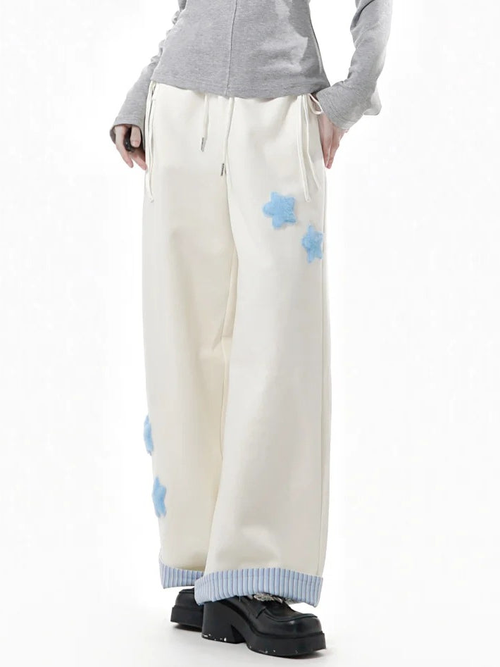 Gray/Black/Beige Plush with Rolled Star Cuffs Appliques Dark Sweatpants Striped