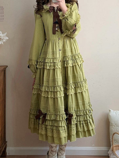 Sleeves Green Olive Design Long One Piece Ruffle Elegant