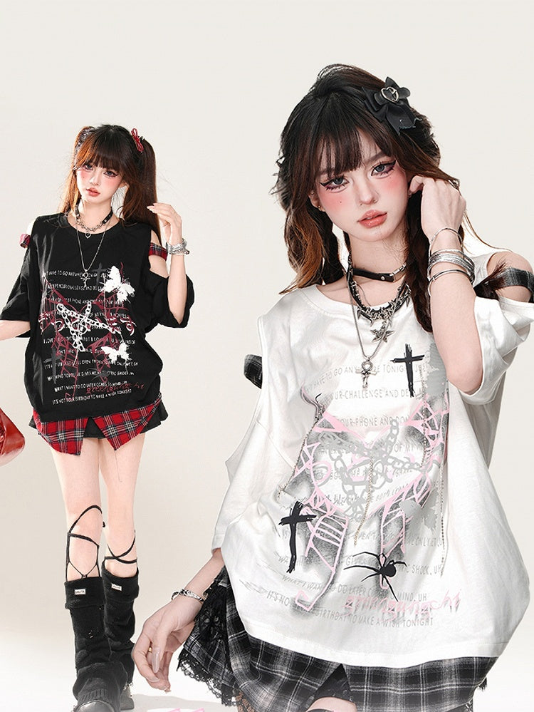 Rebel Hunter Butterfly and Spider Cutout Shoulder Plaid Patchwork Hem Black/White T-Shirt