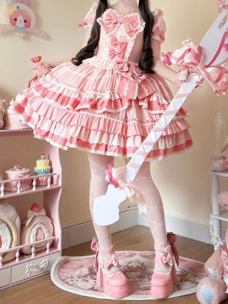 Kleid Pink Sweet Lolita Kurzes Stück Ein Ärmel Schleife Akzente