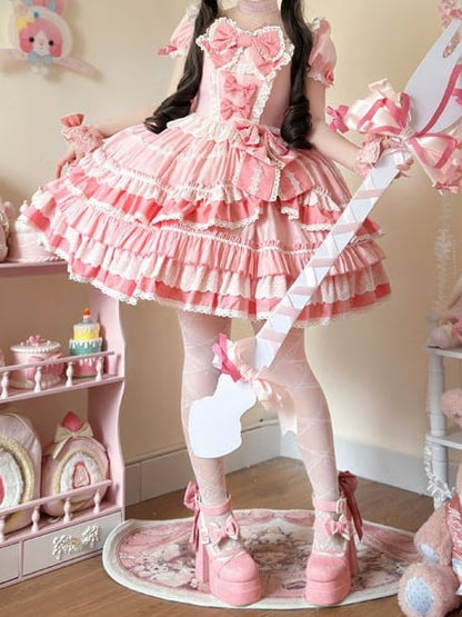 Kleid Pink Sweet Lolita Kurzes Stück Ein Ärmel Schleife Akzente
