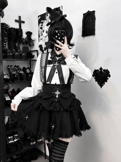 Bow + Tulle Black Jirai Skirt Kei Shirt Cross White Lace Set