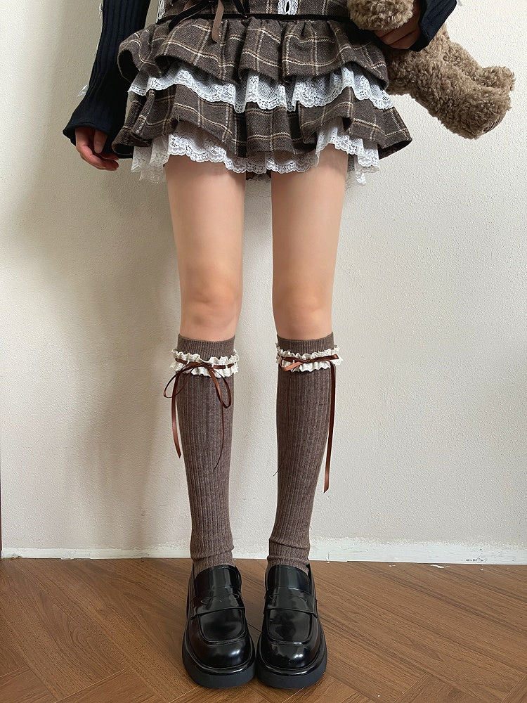 with Warm Colors Bowknot Socks Trim and Straps Calf Lace 5
