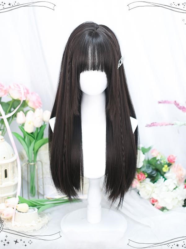 With Wig Air Straight Long Black/Brown Bangs