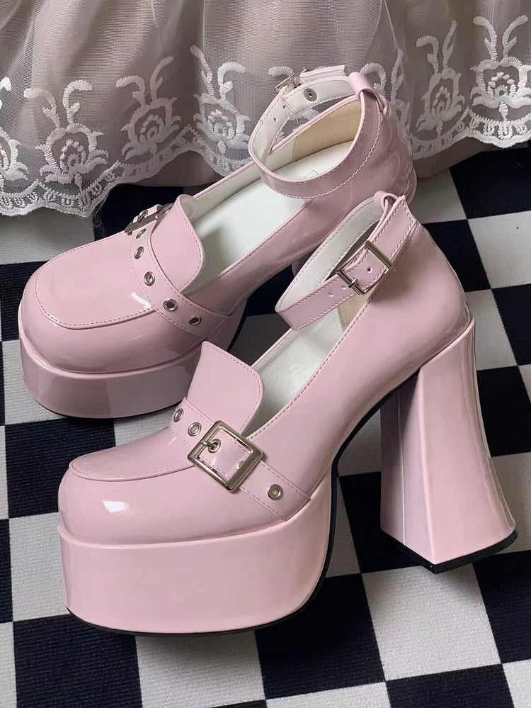 Platform High Block Heel & Buckle Design PU Peach Pink Y2K Shoes