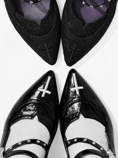 Toe Gothic Heel Black Jane Pointed Dark Mary Embroidery Cross Shoes Chunky 7cm