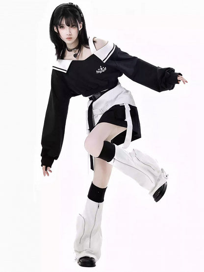 Punk Techwear Schwarzes futuristisches Cropped-Sweatshirt mit V-Ausschnitt Wasteland