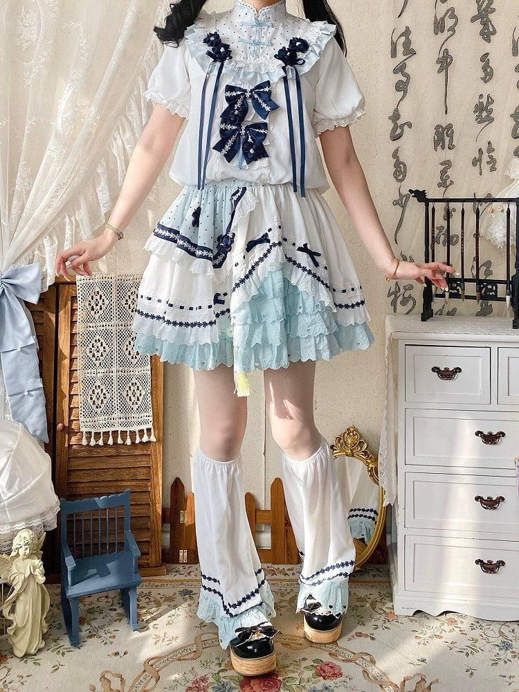and White Banded Lolita Han Accents Blue Flower Collar Bow Dress with Puff Sleeves