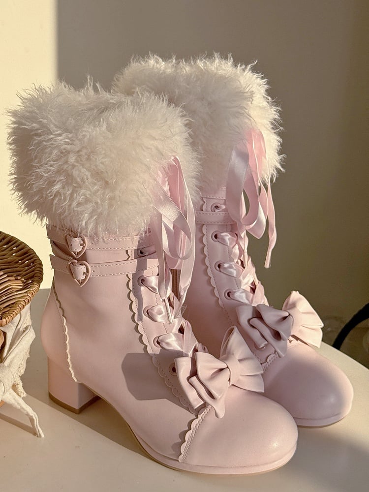 PU Bow Opening with Lolita System Sakura Ornate Boots Plush Pink Triple Boot in Mid-heel Fastening Elegant