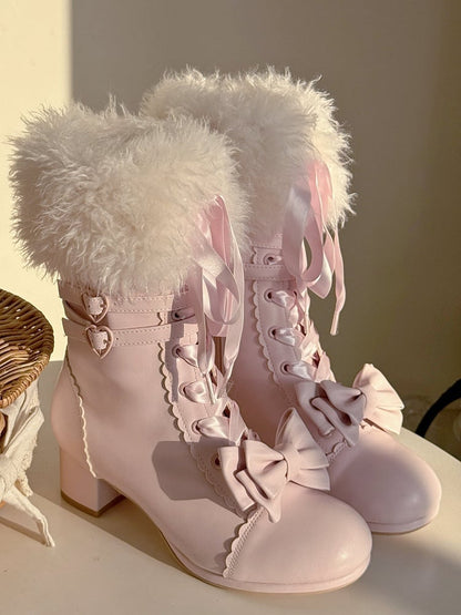 PU Bow Opening with Lolita System Sakura Ornate Boots Plush Pink Triple Boot in Mid-heel Fastening Elegant