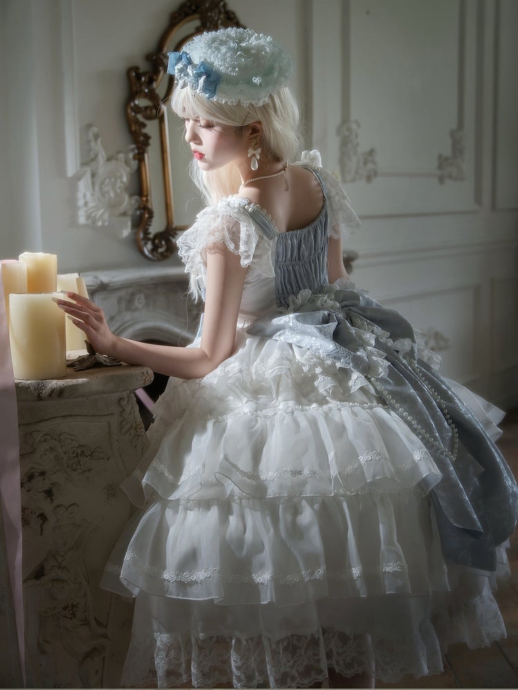 Schleifen und Rock Dekoration Kleid Vollstufiges Set Hanayome Blau Weiß Lolita JSK Hime