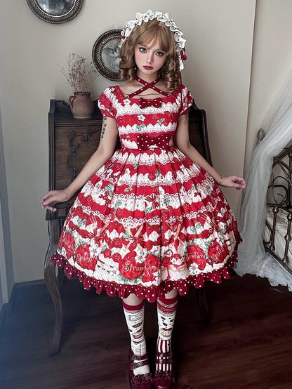 Süßes Lolita-Kleid mit hoher Taille und roten Erdbeeren