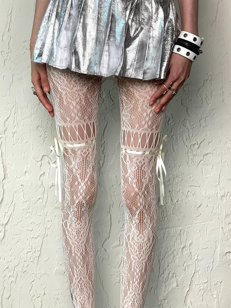 Trägerstrumpfhose Y2K Design Selbstbinden Hohl-Out Weiß
