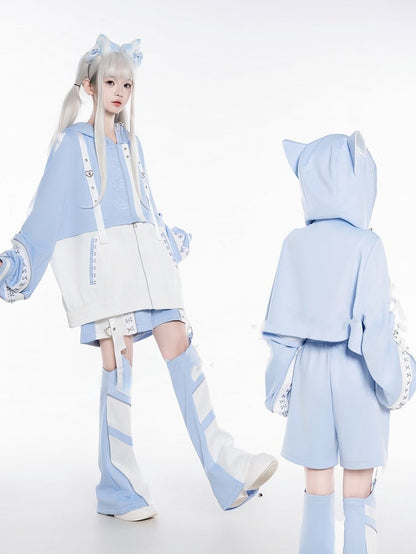 Blue - + Kaiwai J-Style Detachable Futuristic Set Shorts Jacket Leg Coord Light Warmers Tenshi