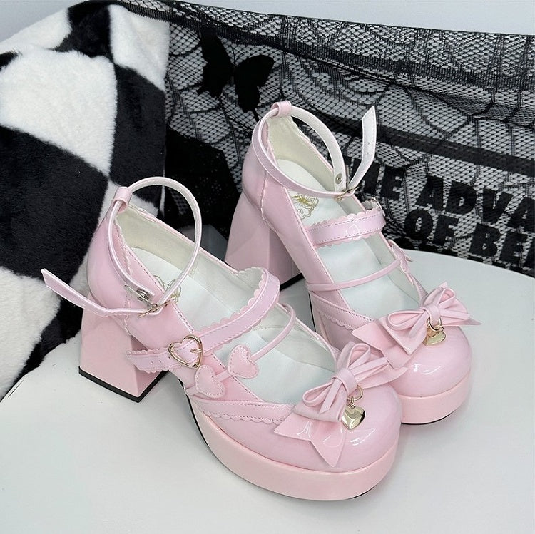 Pink Heart High at with Details Bow Elegant Heels Block Platform Lolita Top