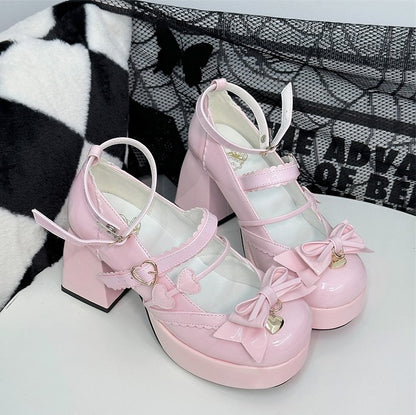 Pink Heart High at with Details Bow Elegant Heels Block Platform Lolita Top