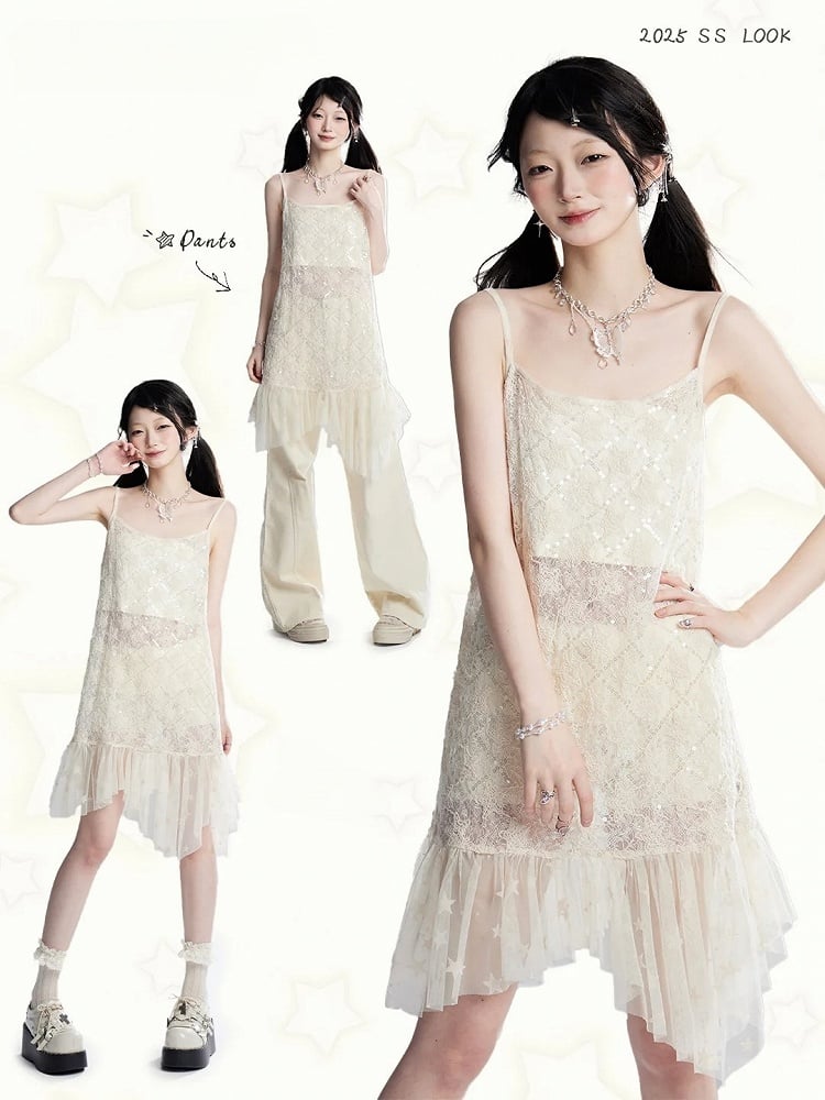 ストラップレスヘムクロップド丈スパンコールメッシュスリップドレス/アプリコットアプリコットセミシースルートップスター柄アシンメトリー