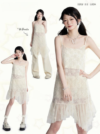 ストラップレスヘムクロップド丈スパンコールメッシュスリップドレス/アプリコットアプリコットセミシースルートップスター柄アシンメトリー