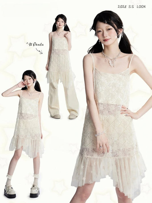 ストラップレスヘムクロップド丈スパンコールメッシュスリップドレス/アプリコットアプリコットセミシースルートップスター柄アシンメトリー