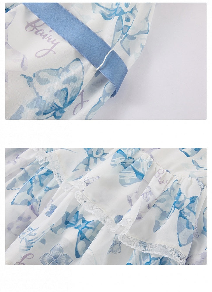 Blue Big Bowknot on Neckline Bows Double Layered Lolita Dress