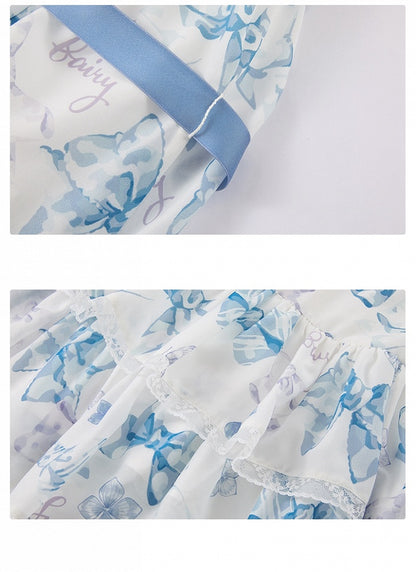 Blue Big Bowknot on Neckline Bows Double Layered Lolita Dress
