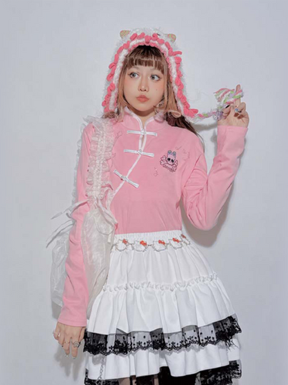 Pinkes Pastell-Punk-Skelett-Top in Gitarrenform mit Strasssteinen