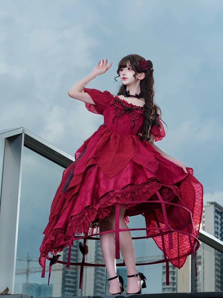 Red Butterfly Rhinestone Detail Puff Sleeve Lolita Top and Asymmetrical Hem Skirt Set - Sweet Wood Lolita