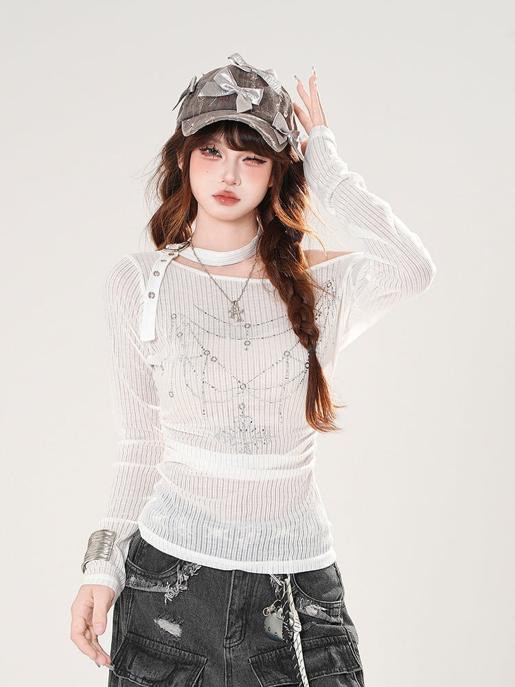 ホワイト/ブラックのアシンメトリーネックライン、ラインストーンディテール、バックル