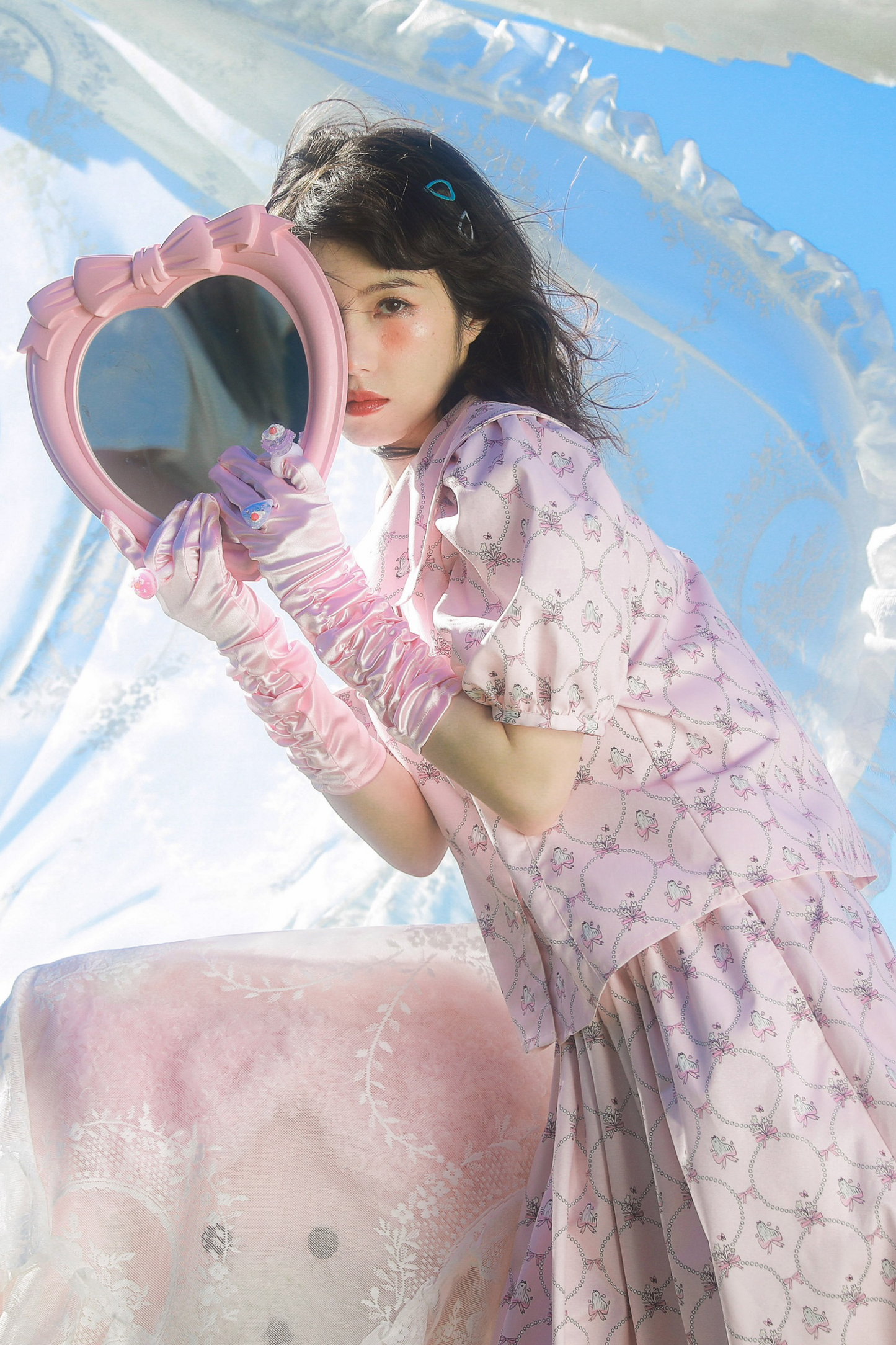 メッシュパールウェーブプリントピンクアニマルスカート