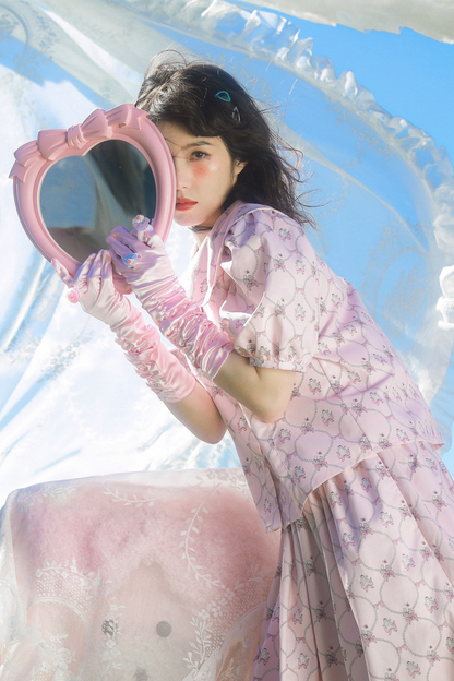 メッシュパールウェーブプリントピンクアニマルスカート