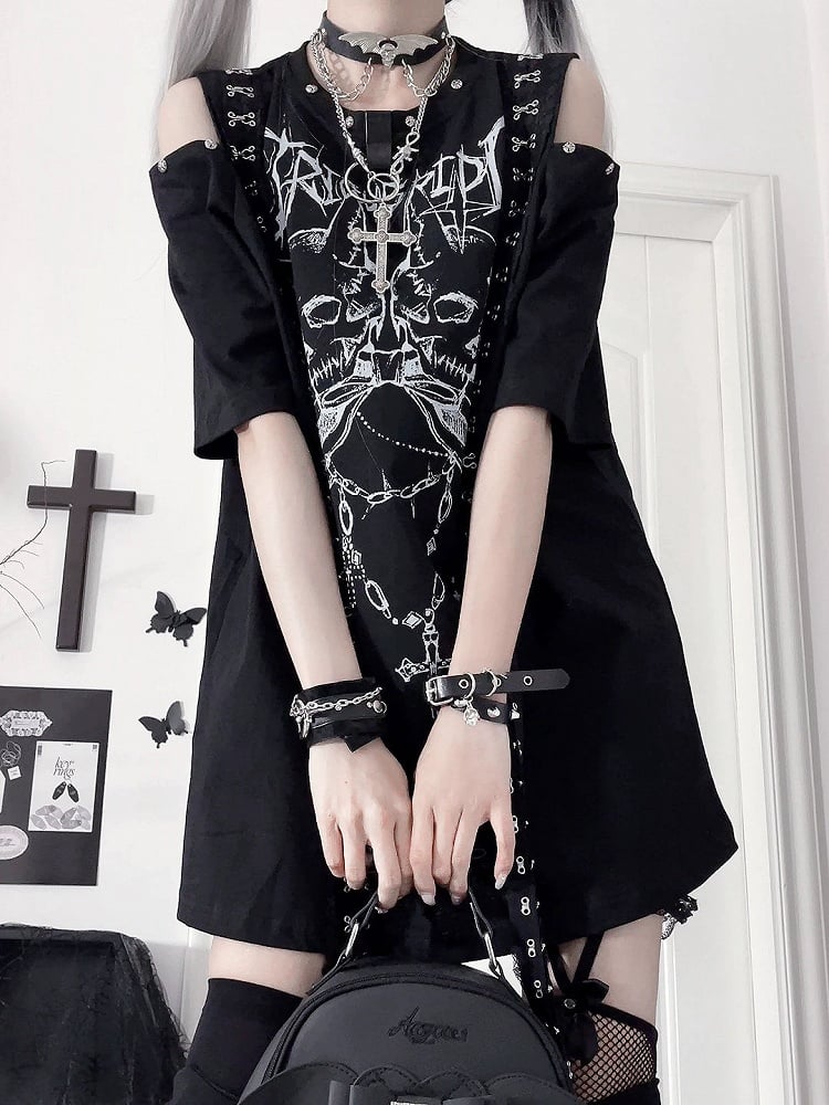 PrintCutout Punk T-shirtwith Emo Cross Black White Design Gothic Shoulder