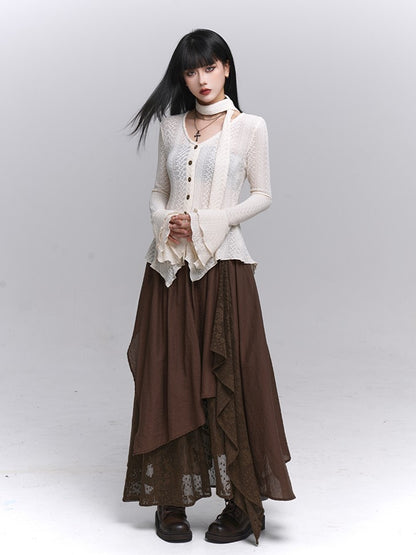 Irregular Cardigan Strap Knit Neck Gothic Apricot Button-Down Hem with