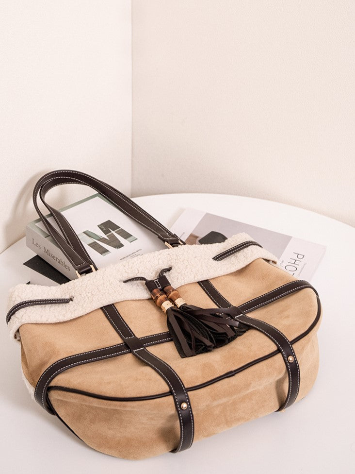 Brown Tote Bag With Vintage Bamboo Knot Accents - Large Capacity Shoulder Bag For Fall And Winter Plush Trim