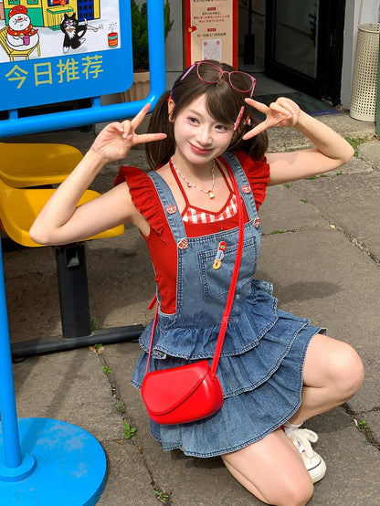 Overalls gefüttert blau gestuft Rüschen Distressed Denim Design