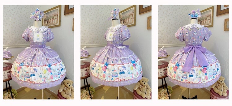 Lamm Ausverkauf - Größe L Kleid Bärendruck süßer Kragen 100 cm Lolita und lila Brustpan für Peter kurze Ärmel