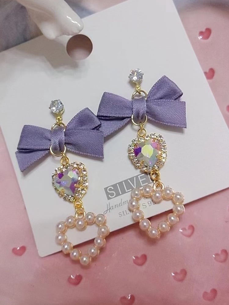 Kei Jirai Earrings Heart Rhinestone Bowknot