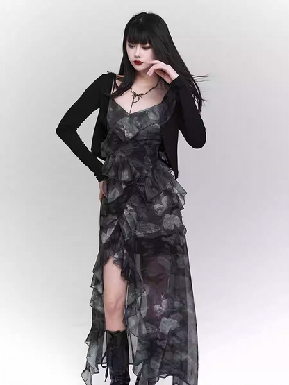 ブラック スリムフィット ニット クロップドカーディガン