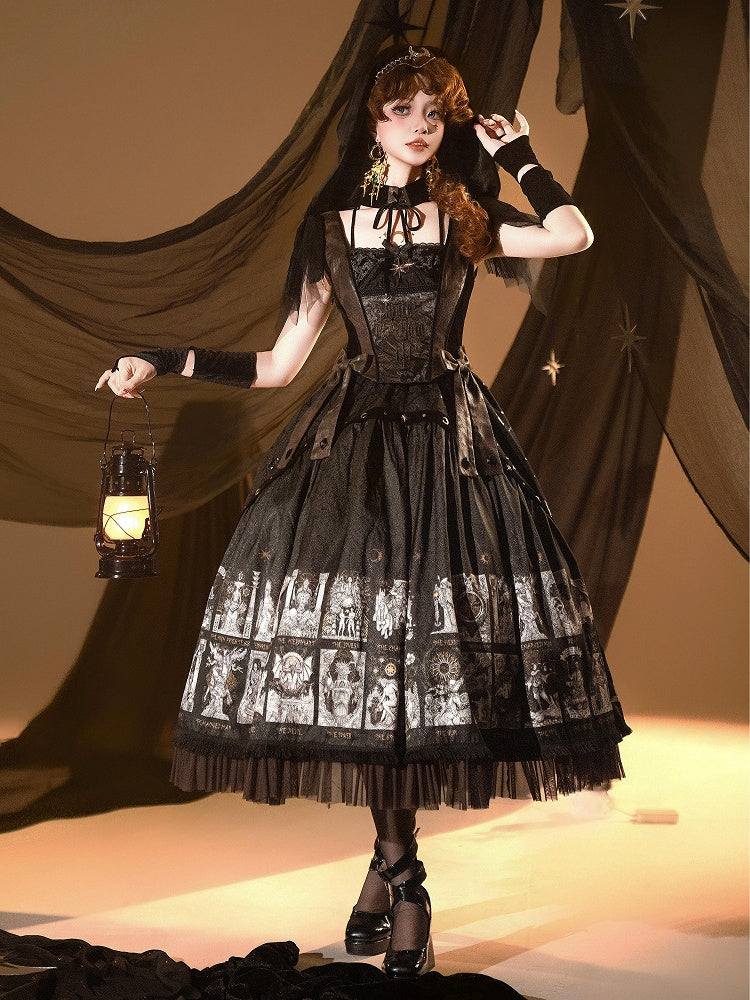 Gothic Lolita with Two-pieces Dress Detachable Tarot Hood Fake Card Print
